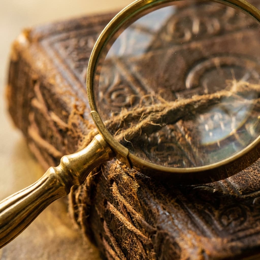 Magnifying glass examining a golden name tag