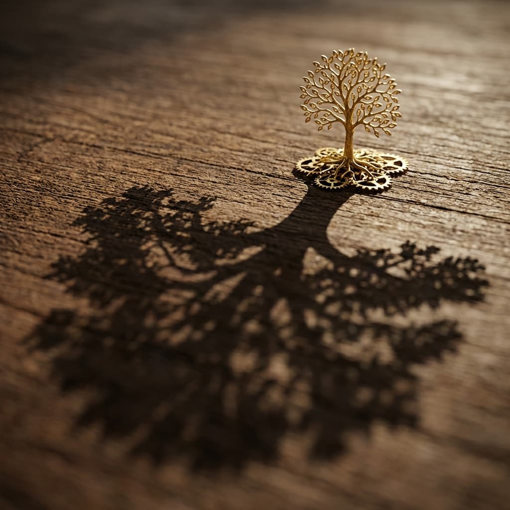 A small golden plant growing into a large tree